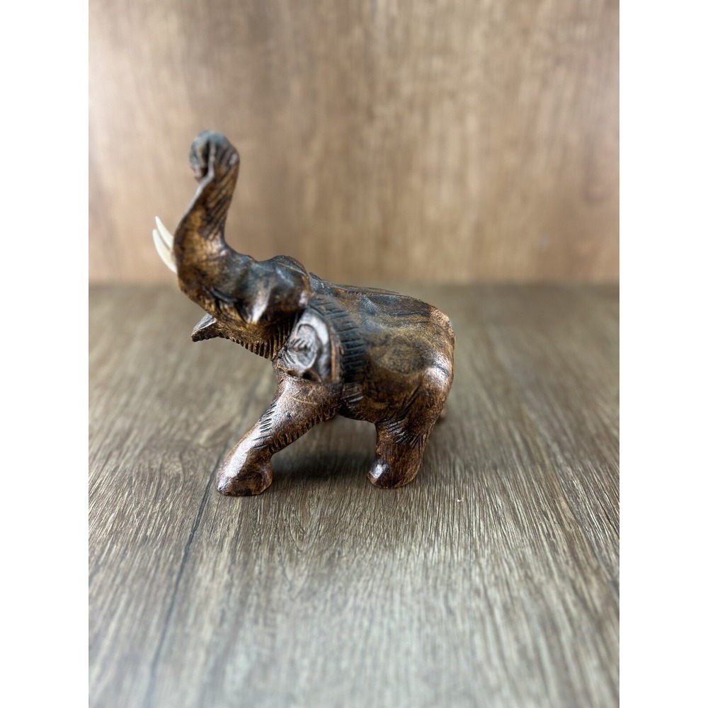 Wood Carved Elephant Painted and Stained Standing Vintage